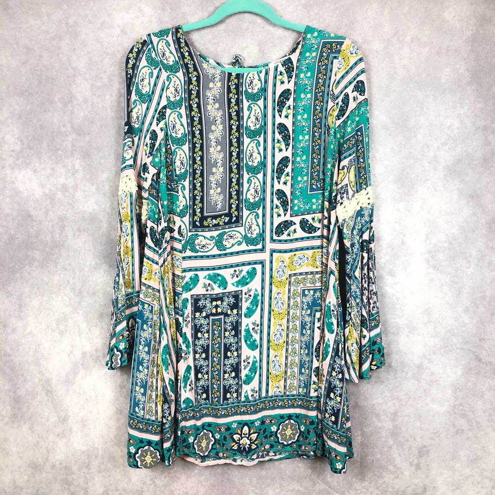 Umgee Bohemian Dress Crochet Paisley Floral Hippie Tie Neck Cotton Blend Small